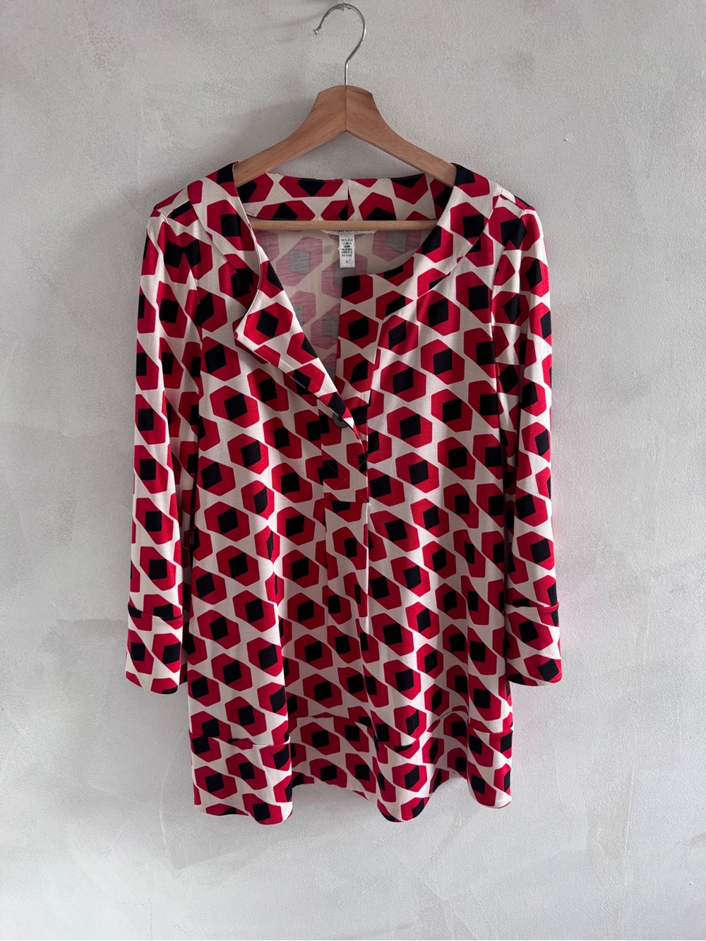 Diane von Furstenberg - Red, Black & White Geometric Silk Top